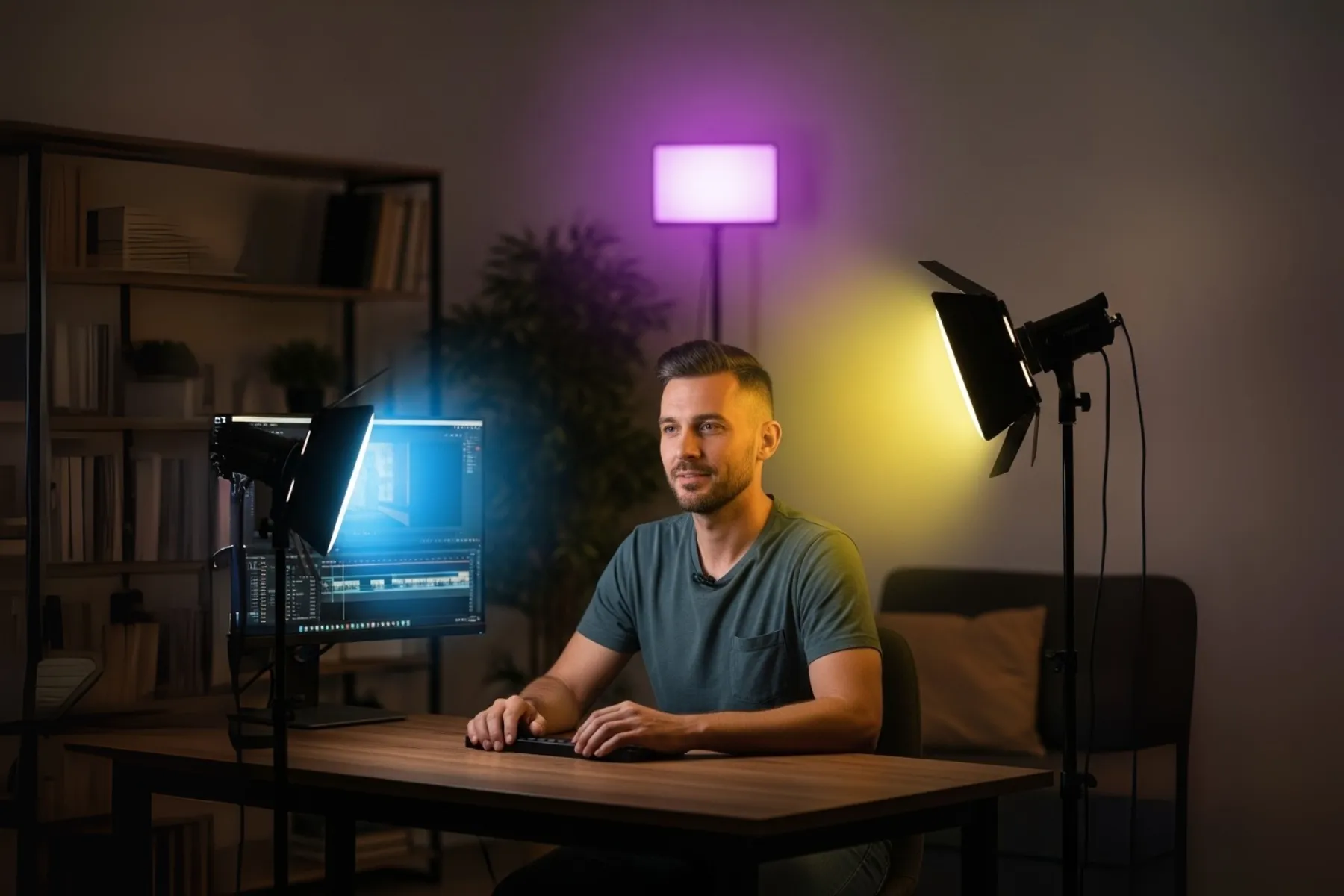 Man sitting at desk with 3-point lighting setup for video recording, showing key light, fill light, and background light in a home studio environment.