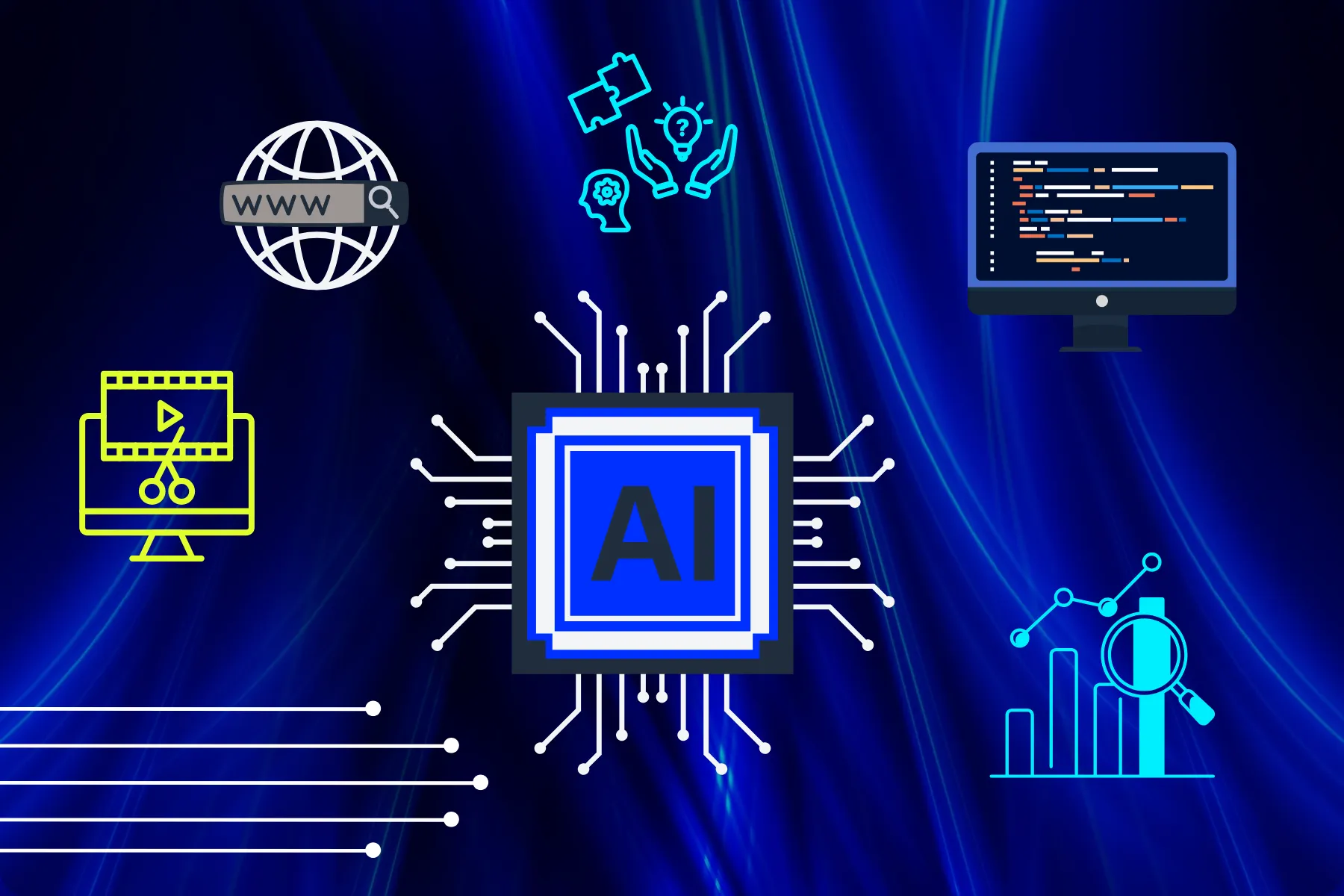 AI stack illustration showing how artificial intelligence connects tools for coding, web design, video editing, and data analytics.