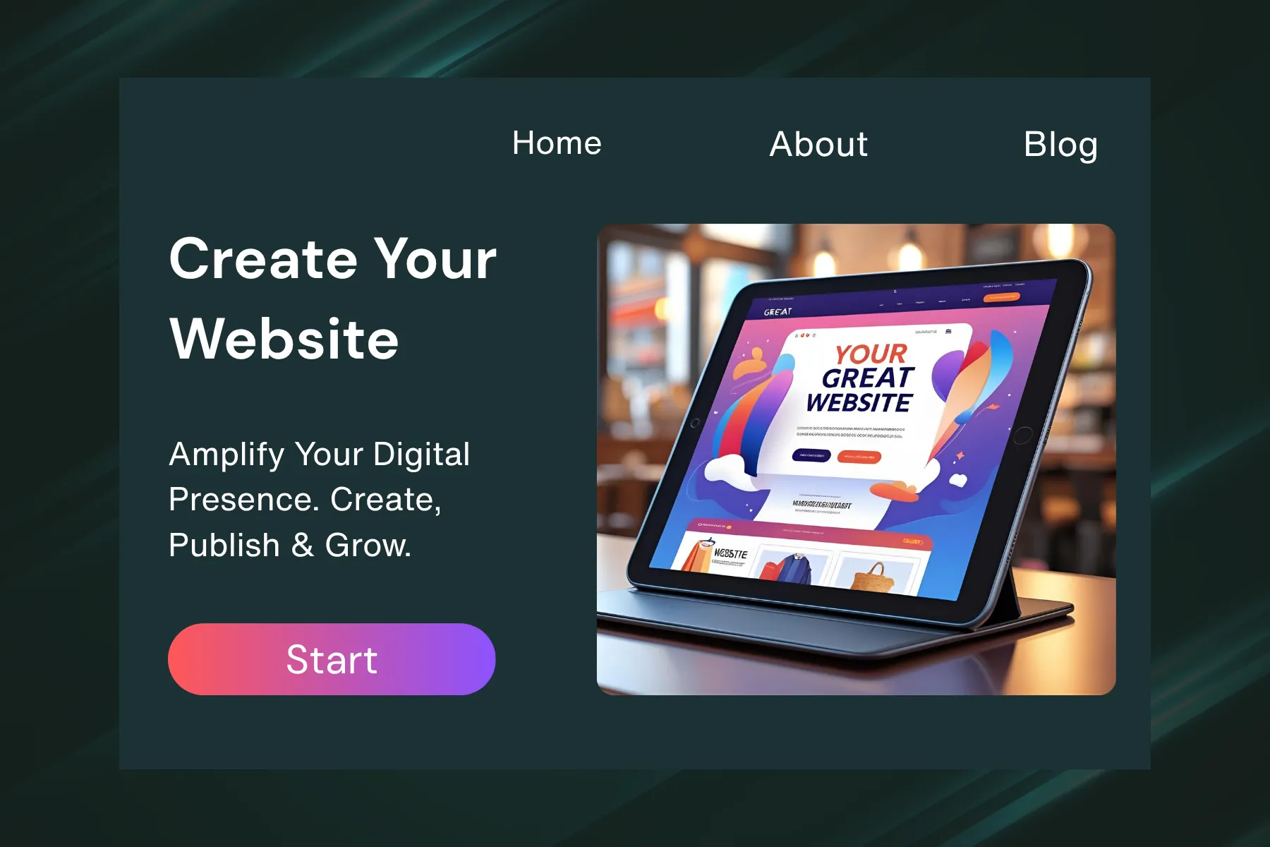 An illustration that tells you—'create your website', with a tablet on a desk showcasing a vibrant and modern website design.