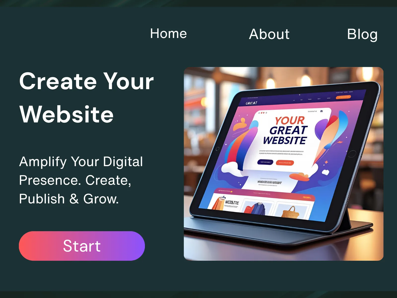 Article Thumbnail - An illustration that tells you—'create your website', with a tablet on a desk showcasing a vibrant and modern website design.