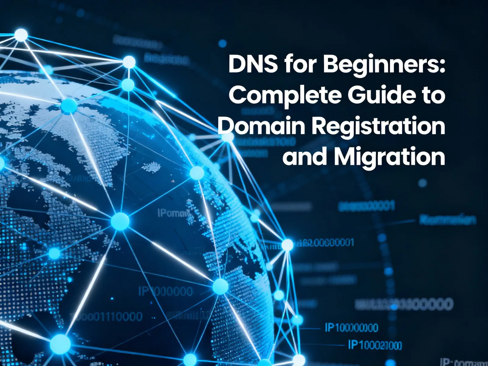 Article Thumbnail - An image with a digital globe of network nodes, text overlay: DNS for Beginners – Guide to Domain Registration and Migration.