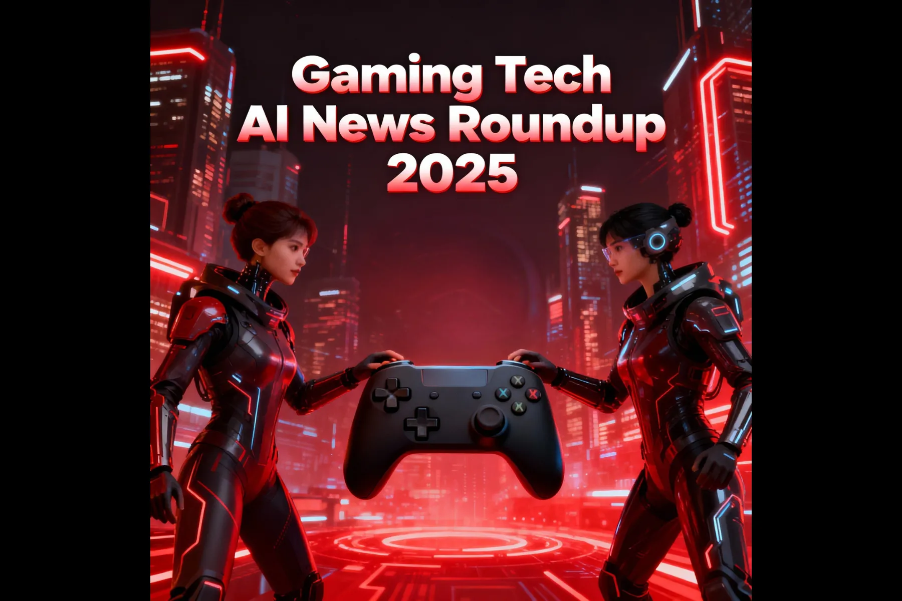 Cover image for a gaming tech roundup, showing two cyberpunk-style characters holding game controllers.