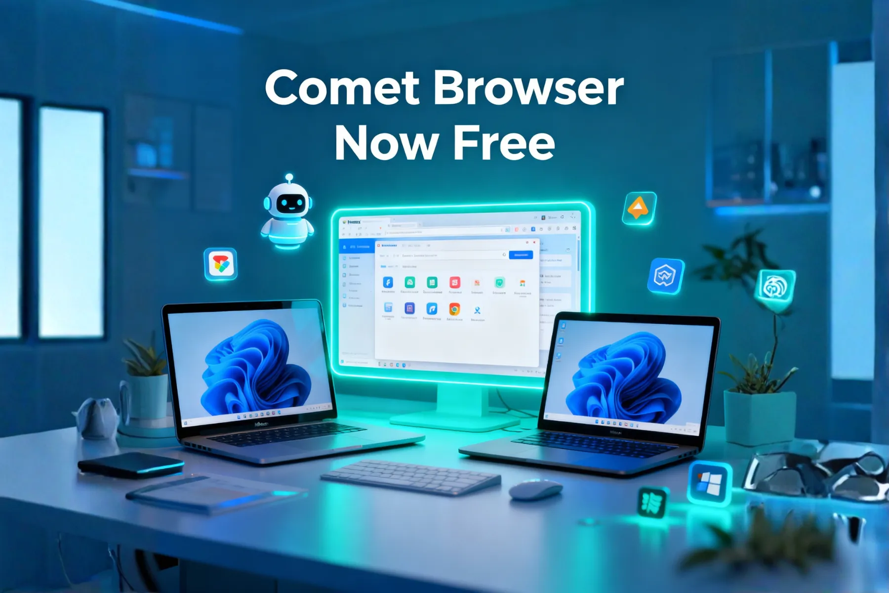 A modern desk setup with laptops and a monitor announcing the 'Comet Browser Now Free' with a friendly AI robot assistant.