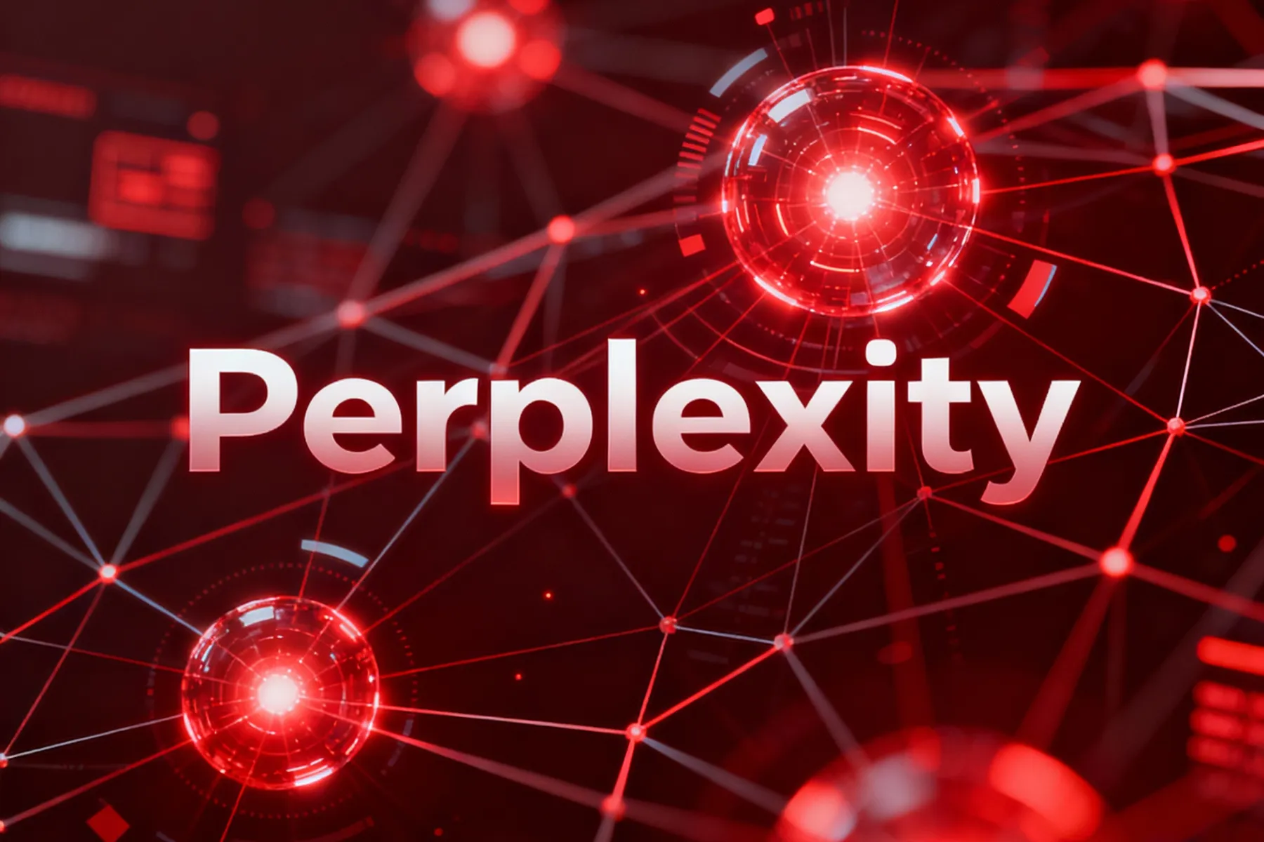 Futuristic image with ‘Perplexity’ text over a glowing red digital network symbolizing AI and data.