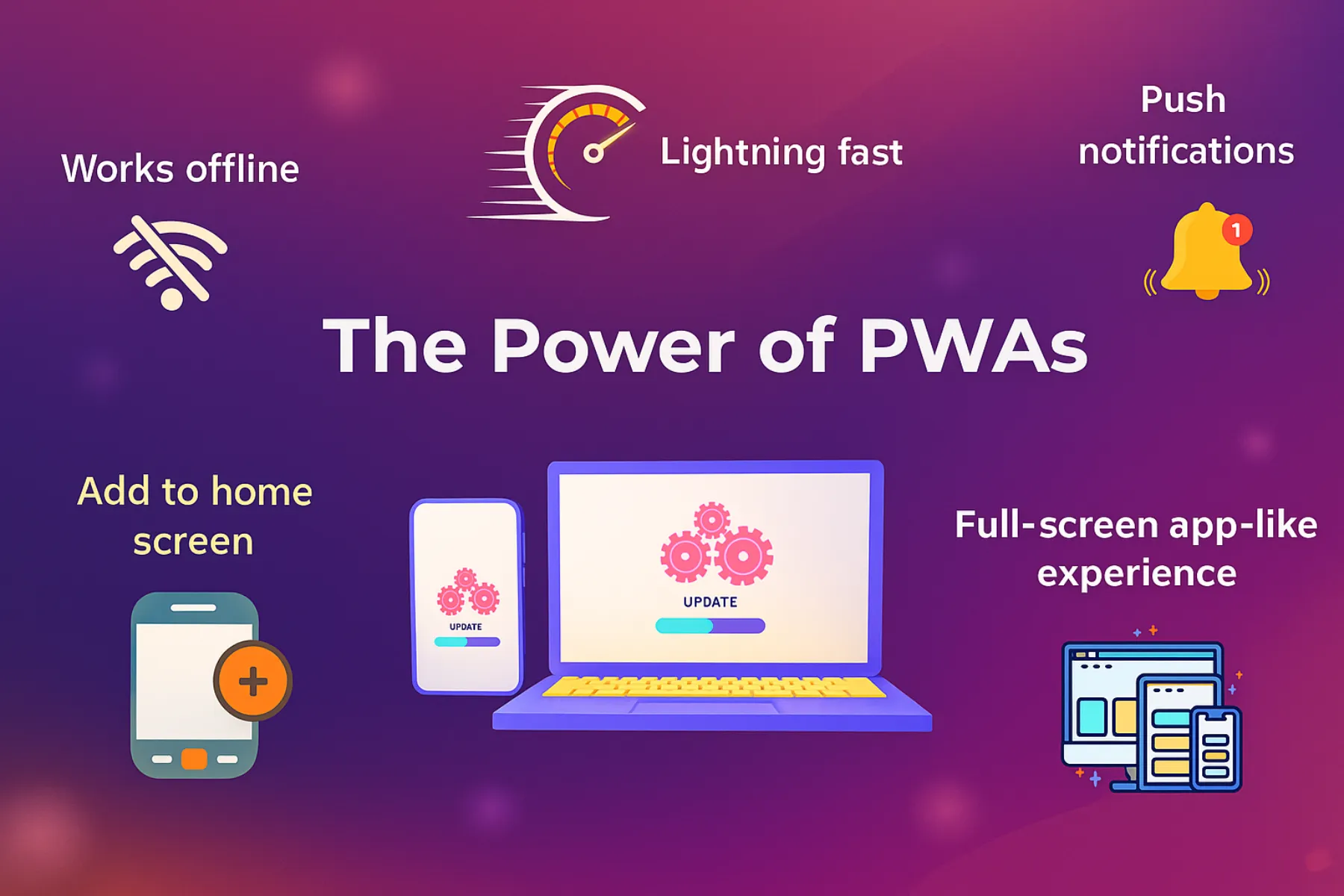 Infographic: Power of PWAs aka Progressive Web Apps—offline access, fast speed, push notifications, and app-like experience.