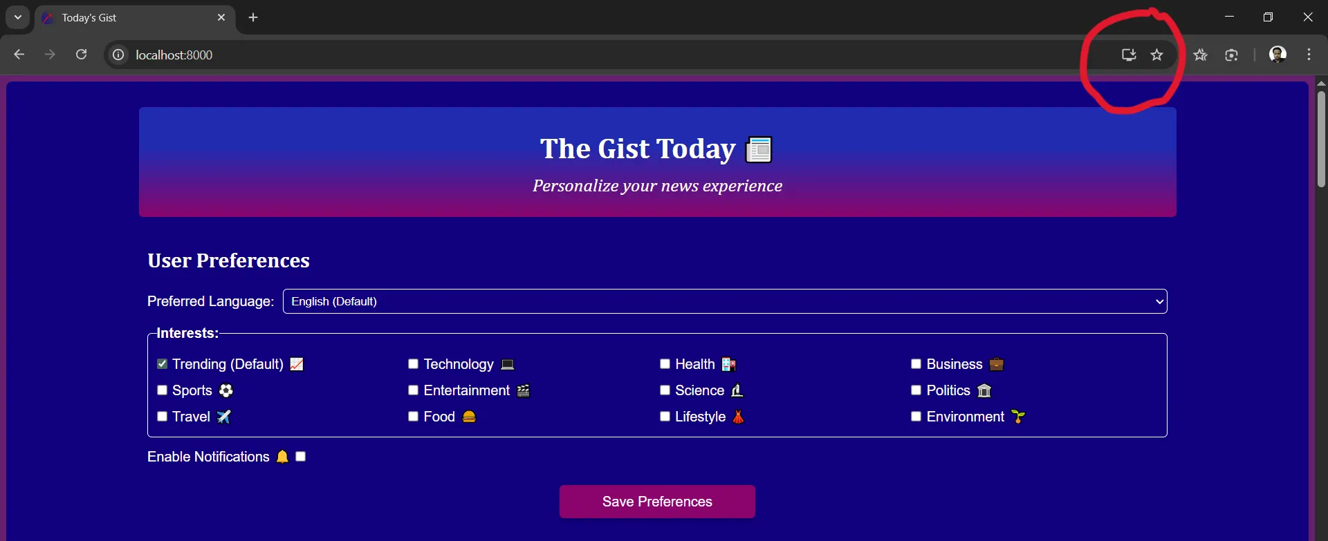 A screenshot showing the install icon in the browser's address bar when the PWA is opened.