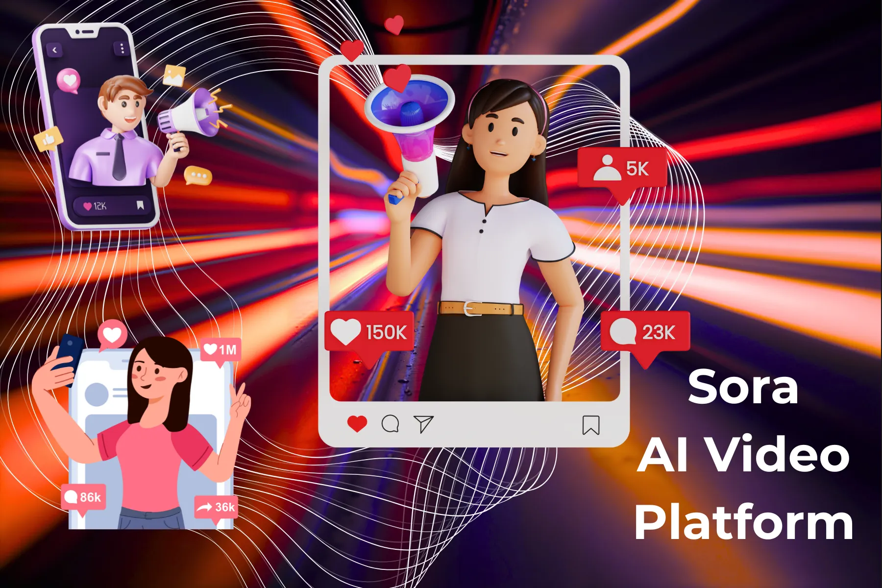 Conceptual image of the Sora AI Video Platform, illustrating a vibrant social media ecosystem for AI-generated content.