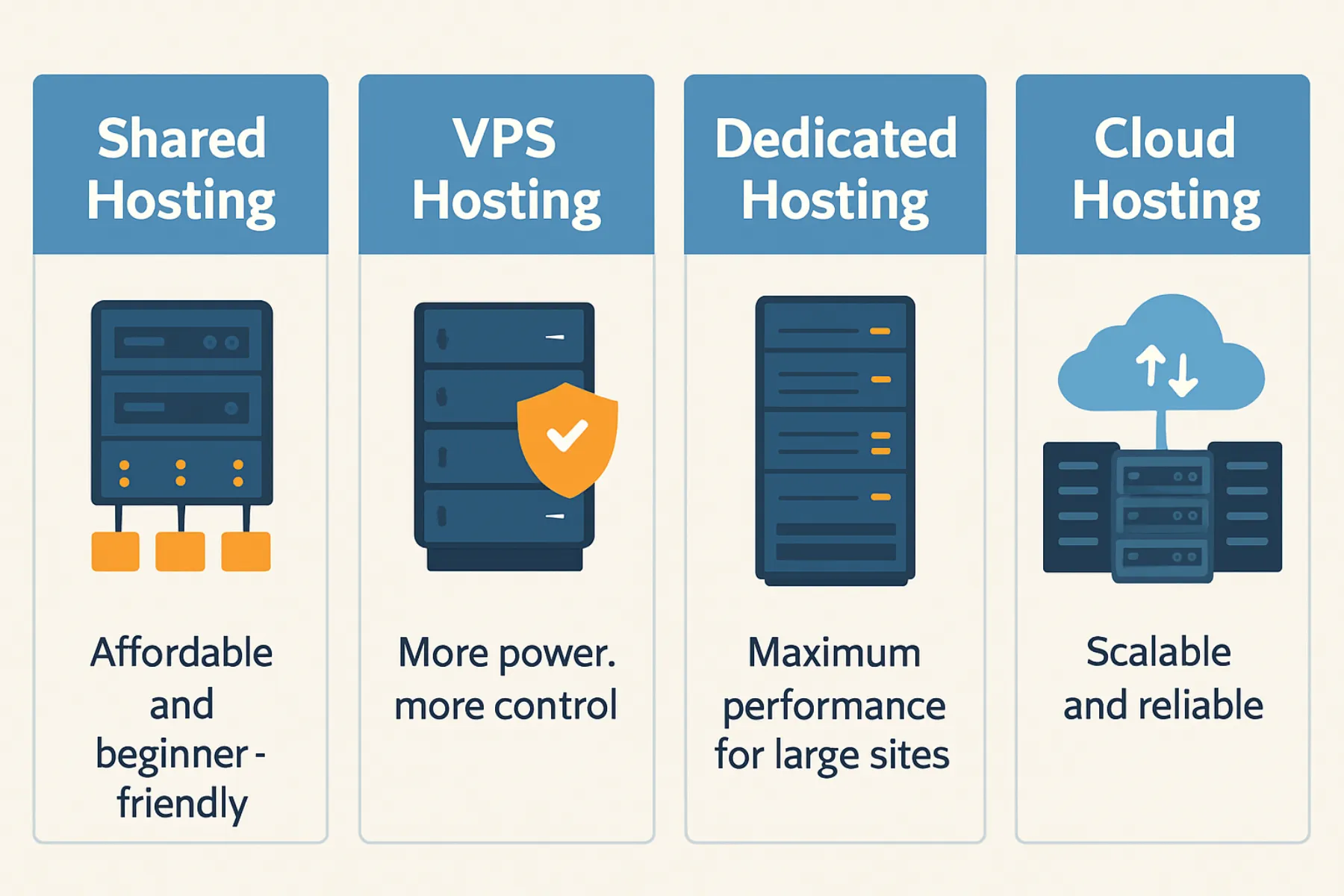 An infographic comparing four types of web hosting. Shared hosting is described as affordable and beginner-friendly. VPS hosting offers more power and control. Dedicated hosting provides maximum performance for large sites. Cloud hosting is shown as scalable and reliable.